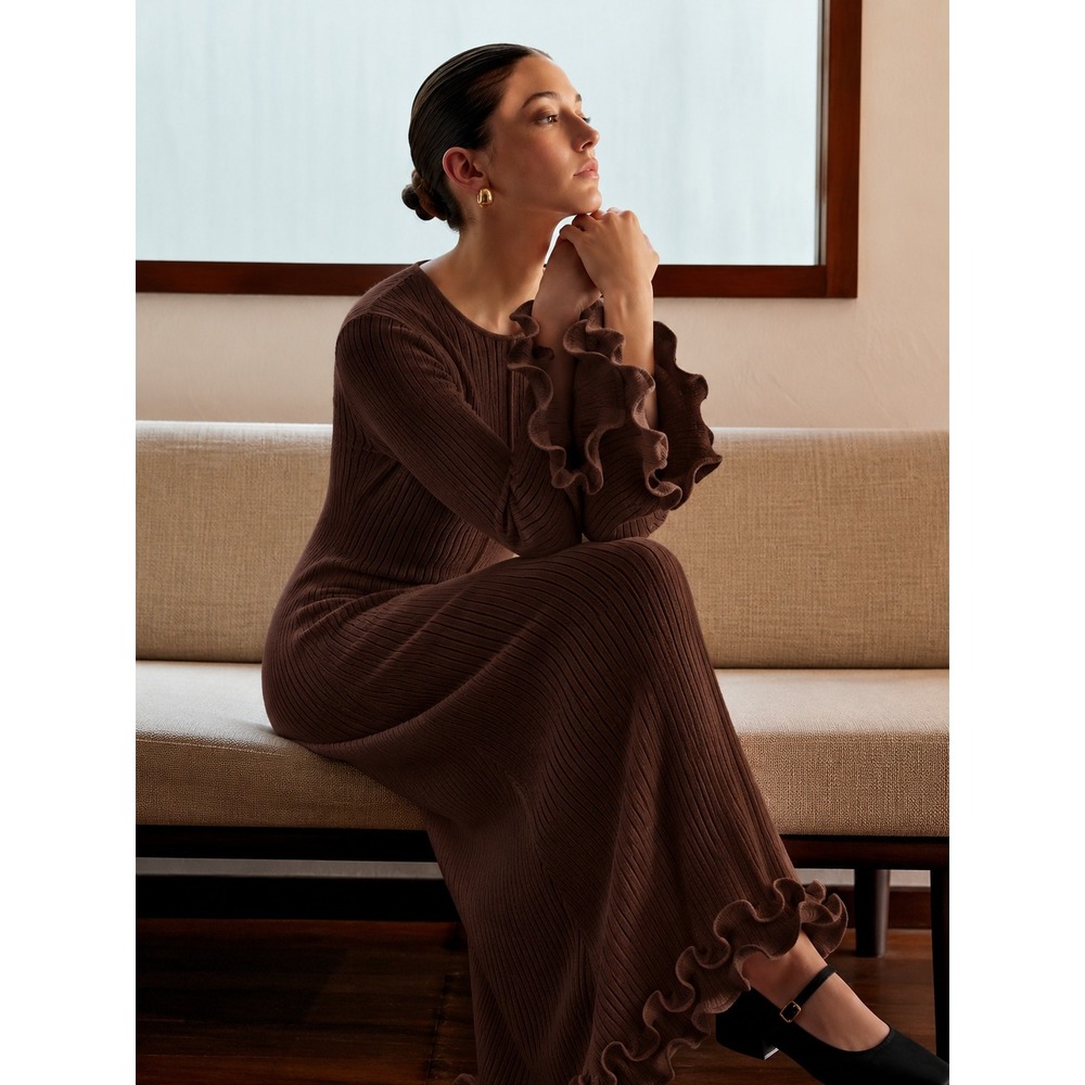 COMMENSE Brown Semi Sheer Ruffle Ribbed Knit Long Sleeve Maxi Dress Size M